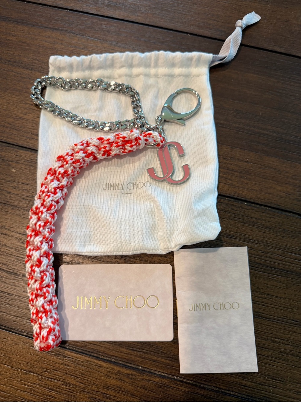 Jimmy Choo NWT Red and White Braided Rope Metal Bag Charm/Keyring wJC Logo Charm